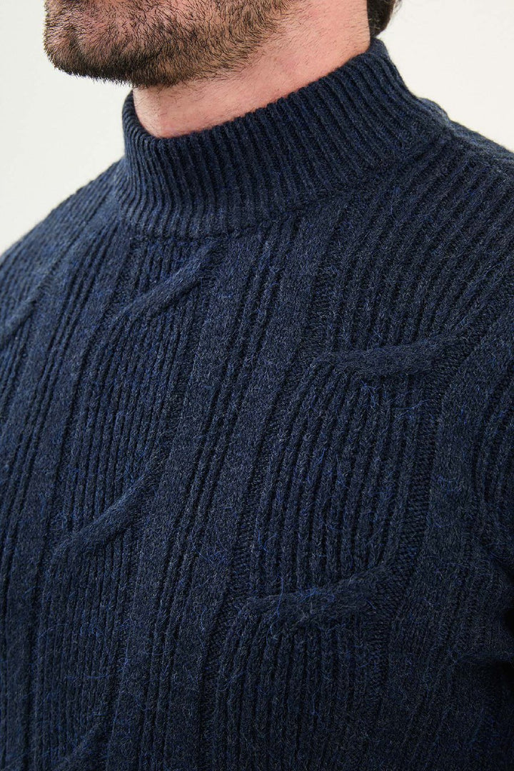 Cable Knit Turtleneck Sweater - Navy Blue