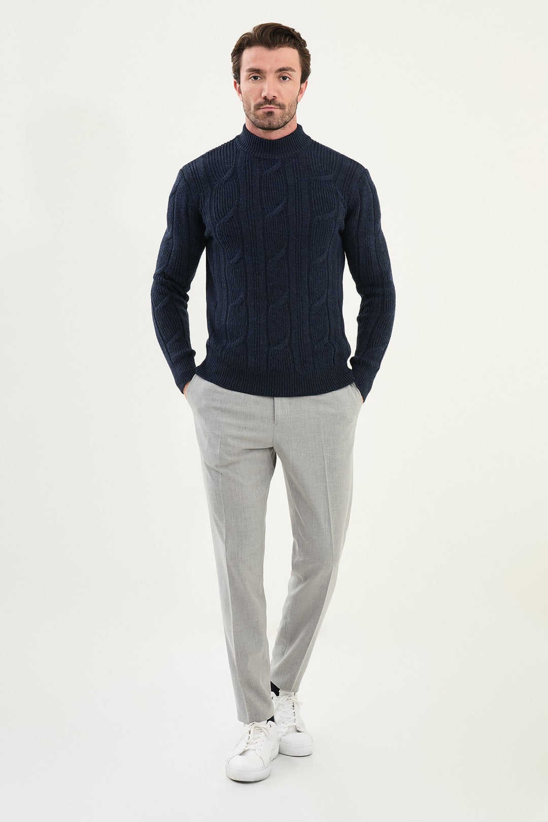 Cable Knit Turtleneck Sweater - Navy Blue