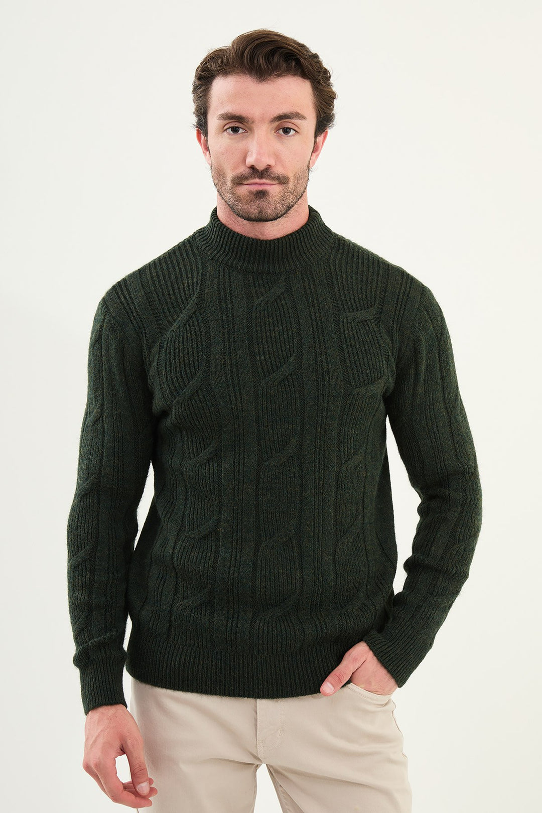 Cable Knit Turtleneck Sweater - Khaki
