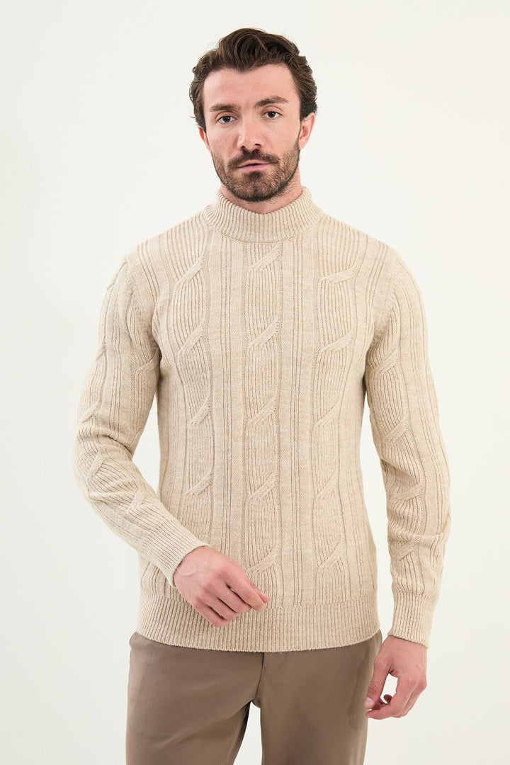 Cable Knit Turtleneck Sweater - Beige
