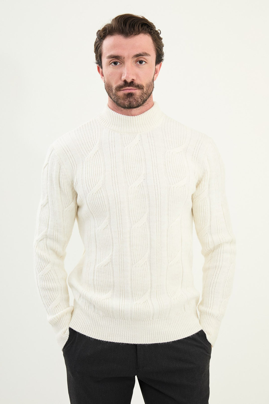 Cable Knit Turtleneck Sweater - White