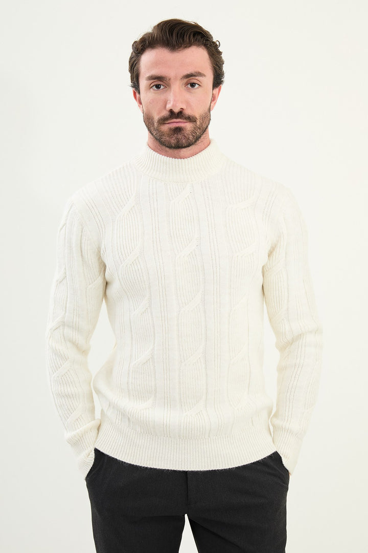 Cable Knit Turtleneck Sweater - White