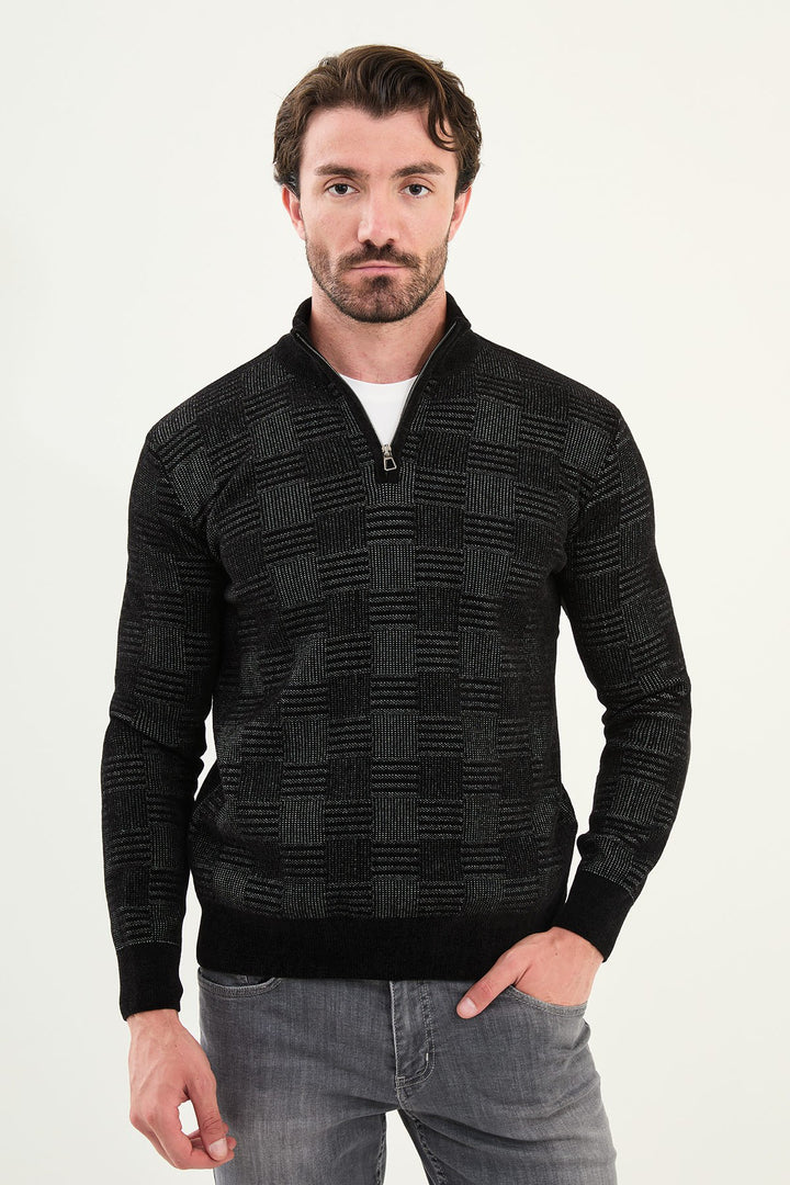 Grid Pattern Half-Zip Sweater - Black