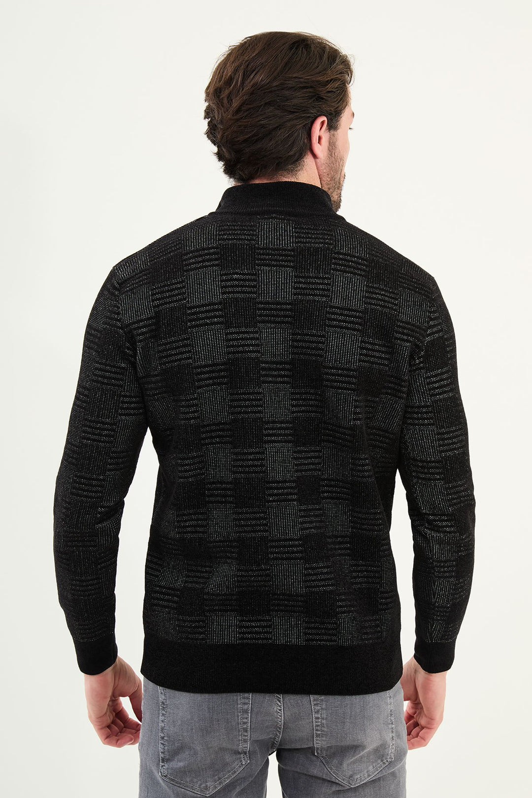 Grid Pattern Half-Zip Sweater - Black