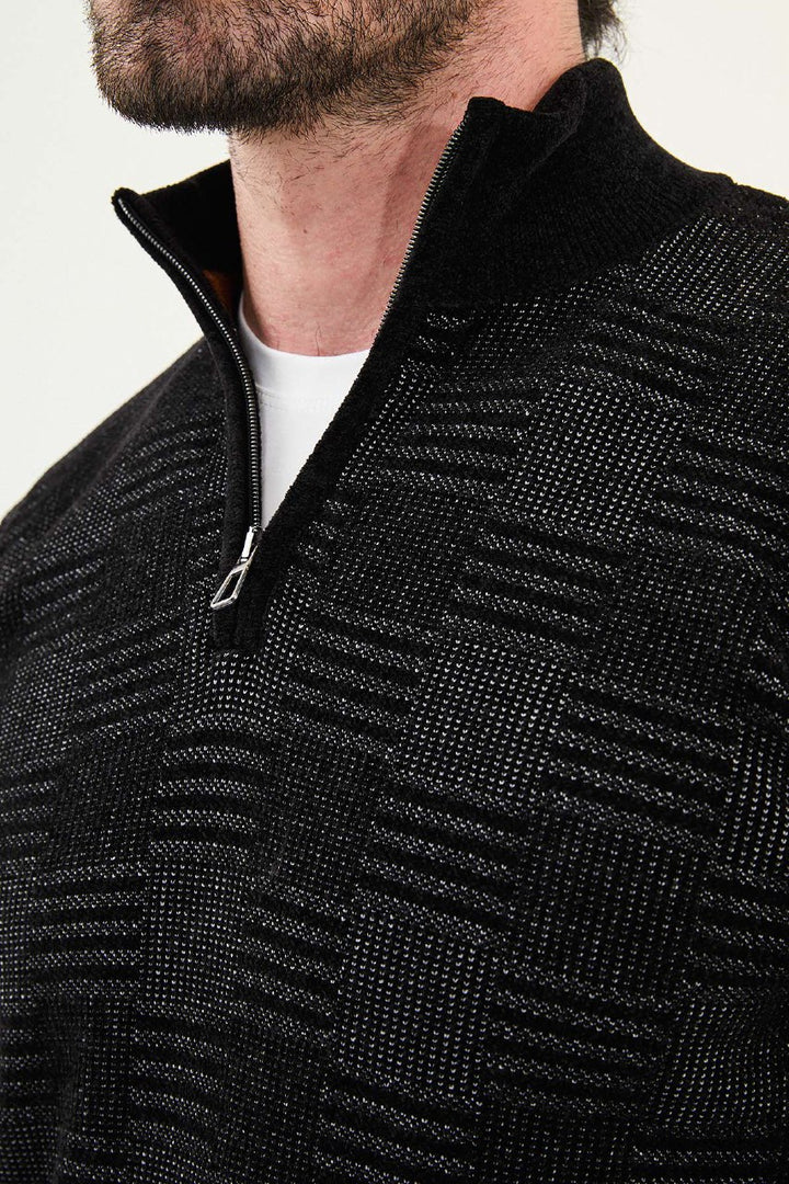 Grid Pattern Half-Zip Sweater - Black