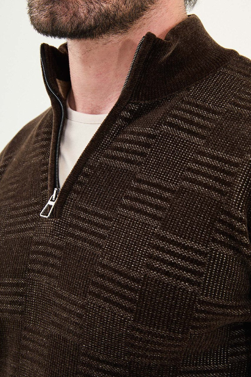 Grid Pattern Half-Zip Sweater - Brown