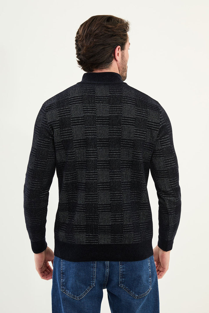 Grid Pattern Half-Zip Sweater - Navy Blue