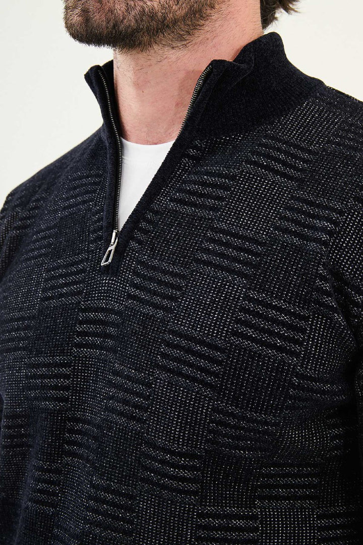 Grid Pattern Half-Zip Sweater - Navy Blue