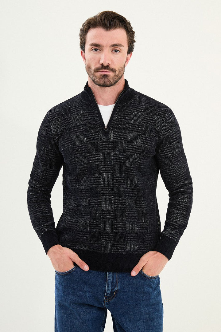 Grid Pattern Half-Zip Sweater - Navy Blue