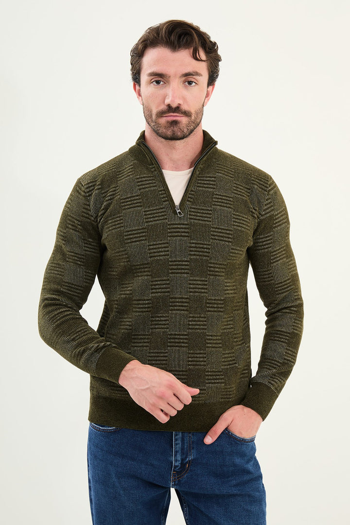 Grid Pattern Half-Zip Sweater - Khaki