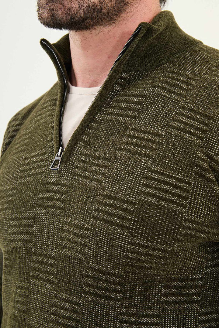 Grid Pattern Half-Zip Sweater - Khaki