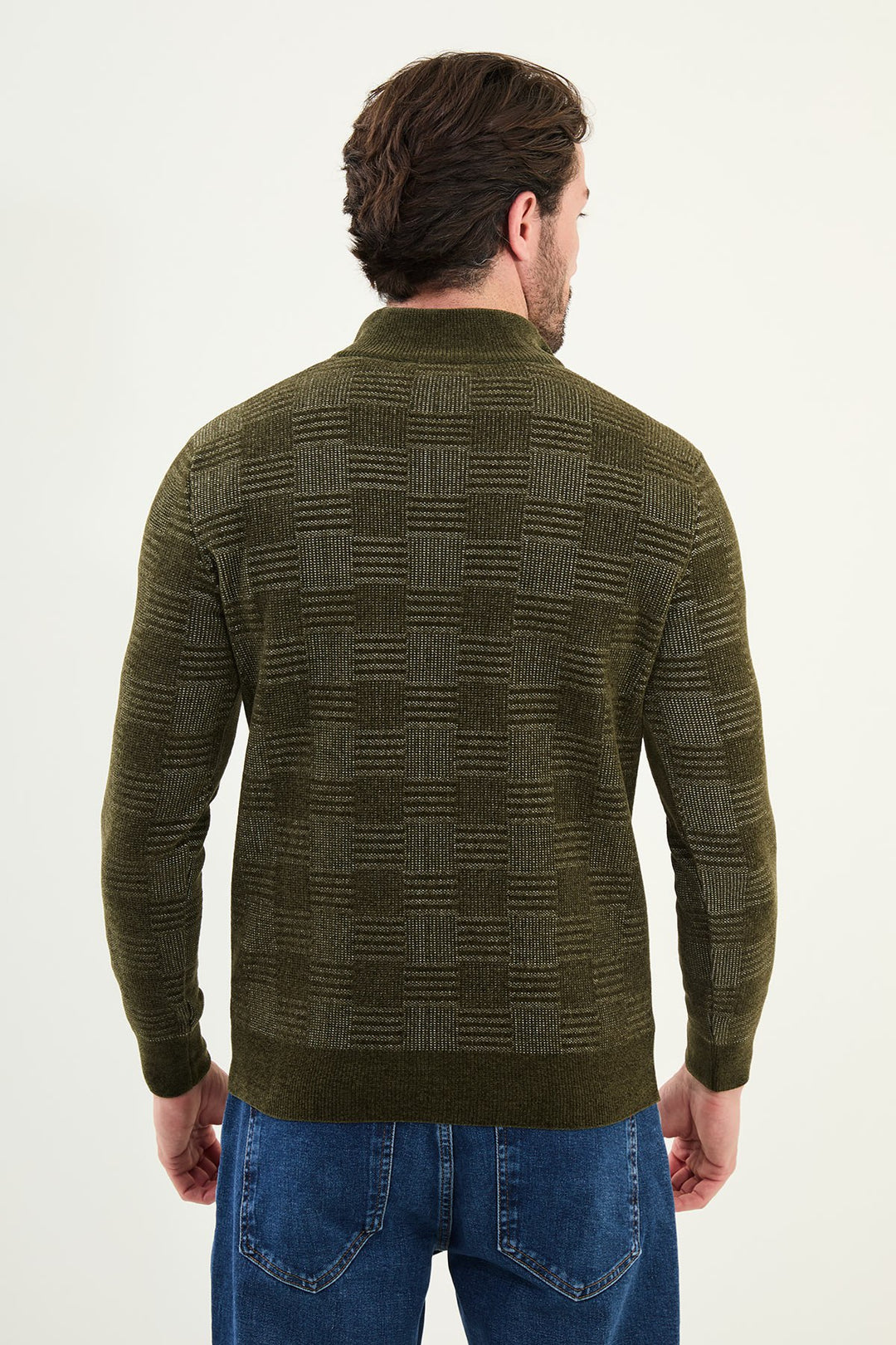 Grid Pattern Half-Zip Sweater - Khaki