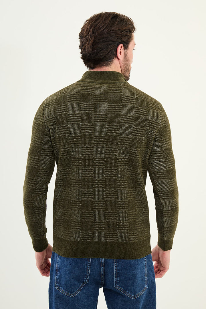Grid Pattern Half-Zip Sweater - Khaki