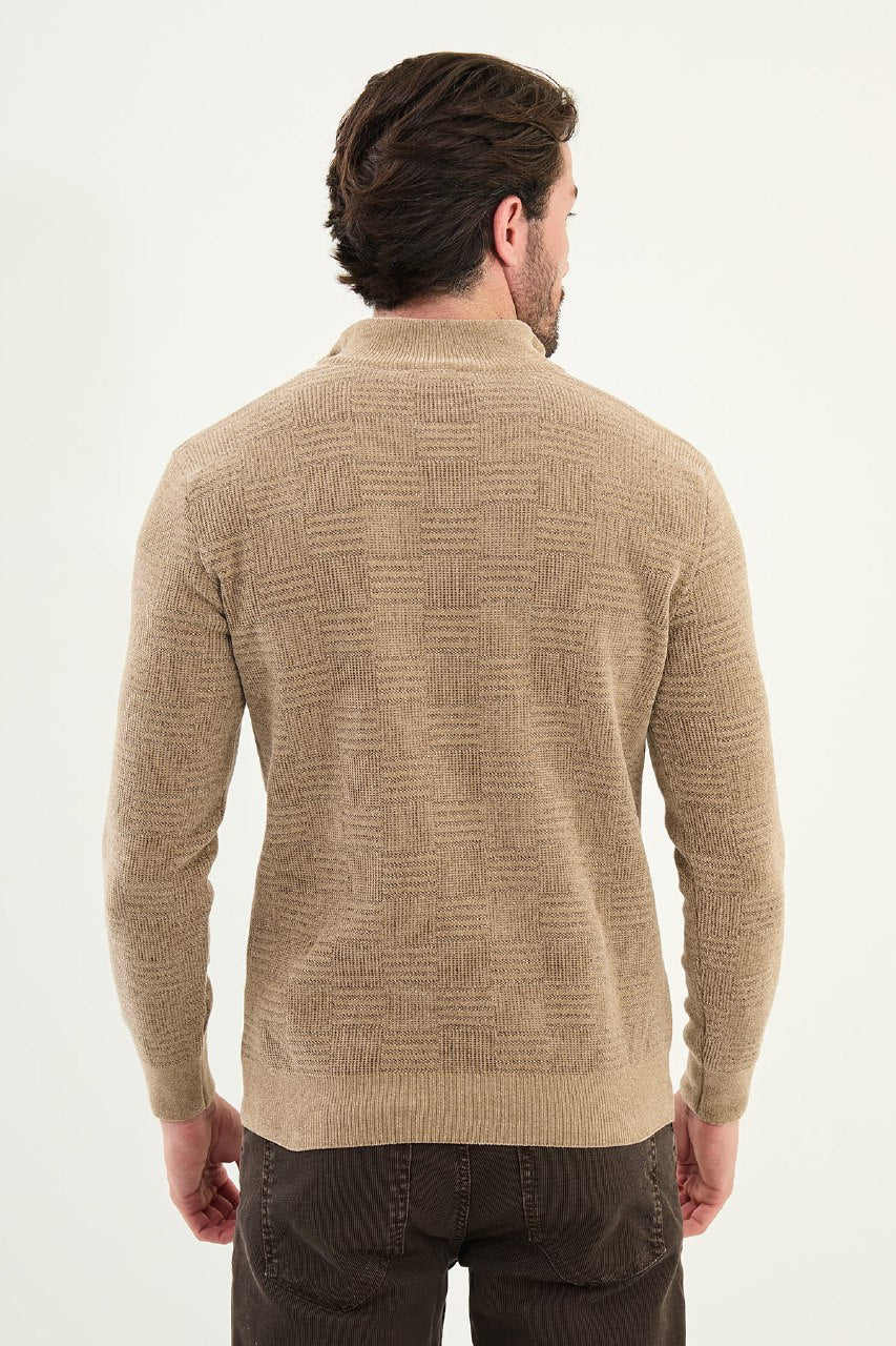 Grid Pattern Half-Zip Sweater - Beige