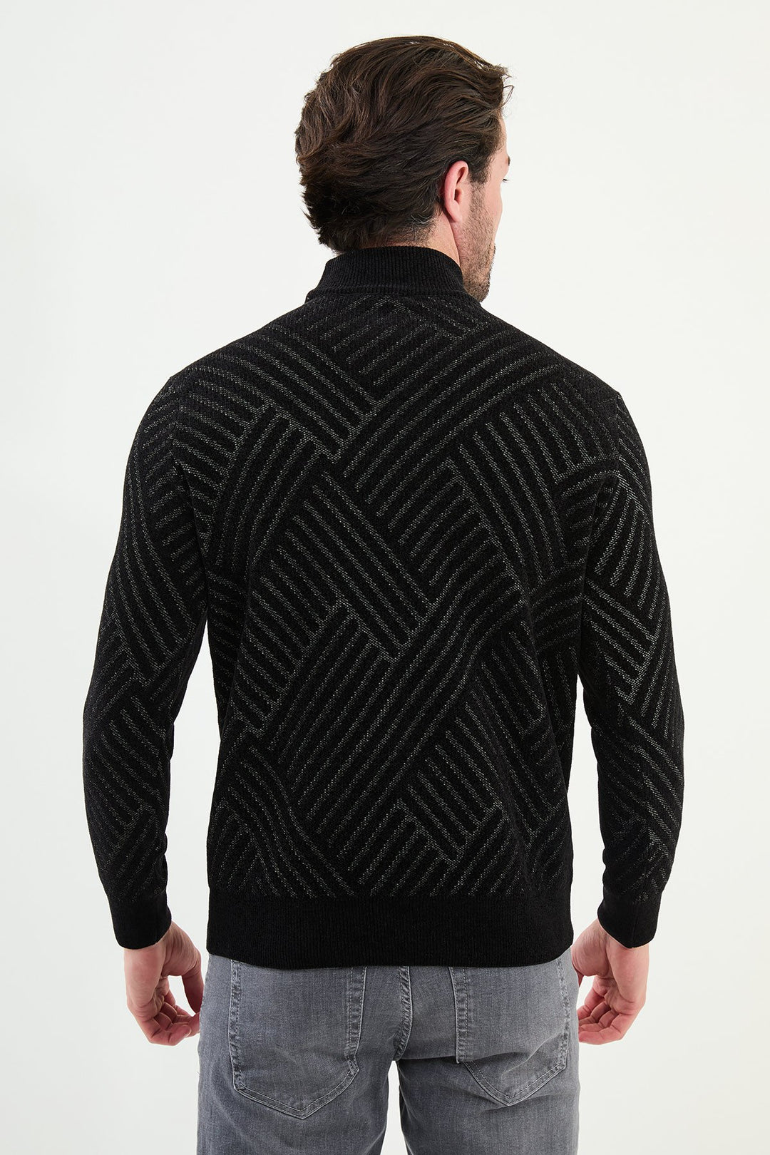 Chevron Knit Mock Neck Sweater - Black