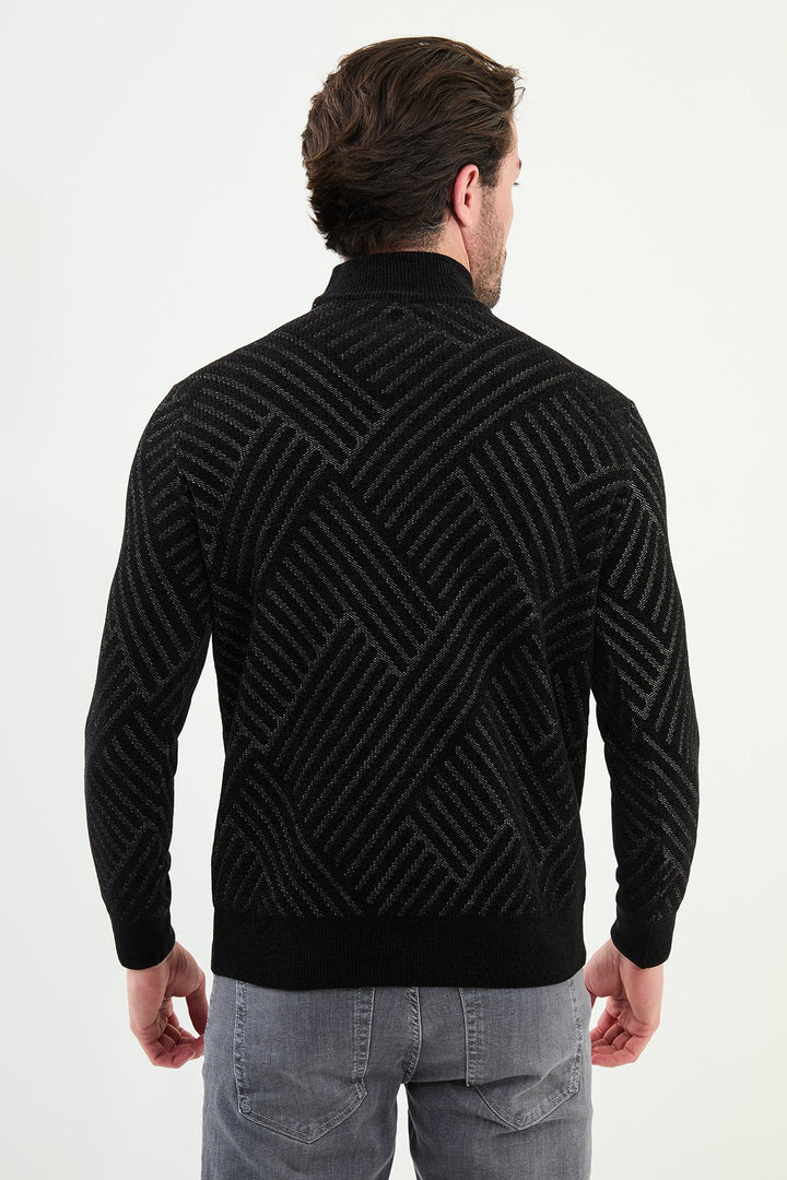 Chevron Knit Mock Neck Sweater - Black