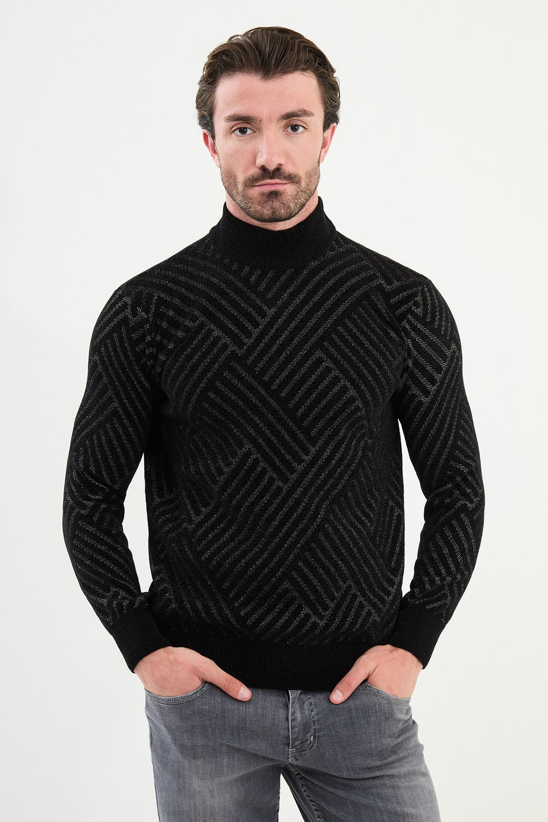 Chevron Knit Mock Neck Sweater - Black