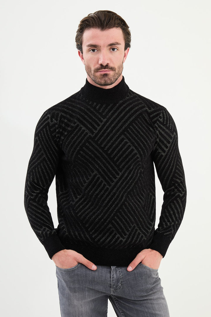 Chevron Knit Mock Neck Sweater - Black