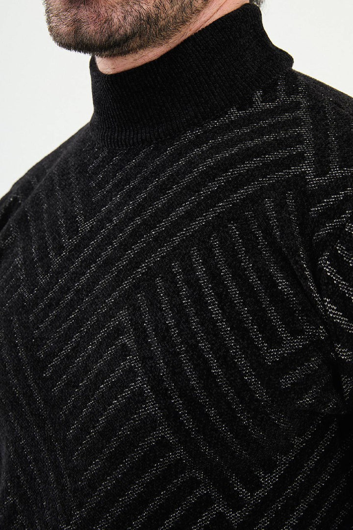 Chevron Knit Mock Neck Sweater - Black