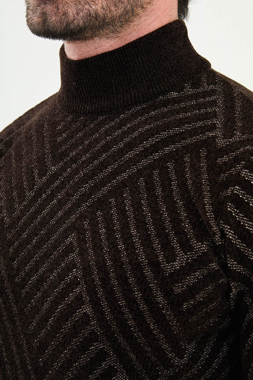 Chevron Knit Mock Neck Sweater - Brown