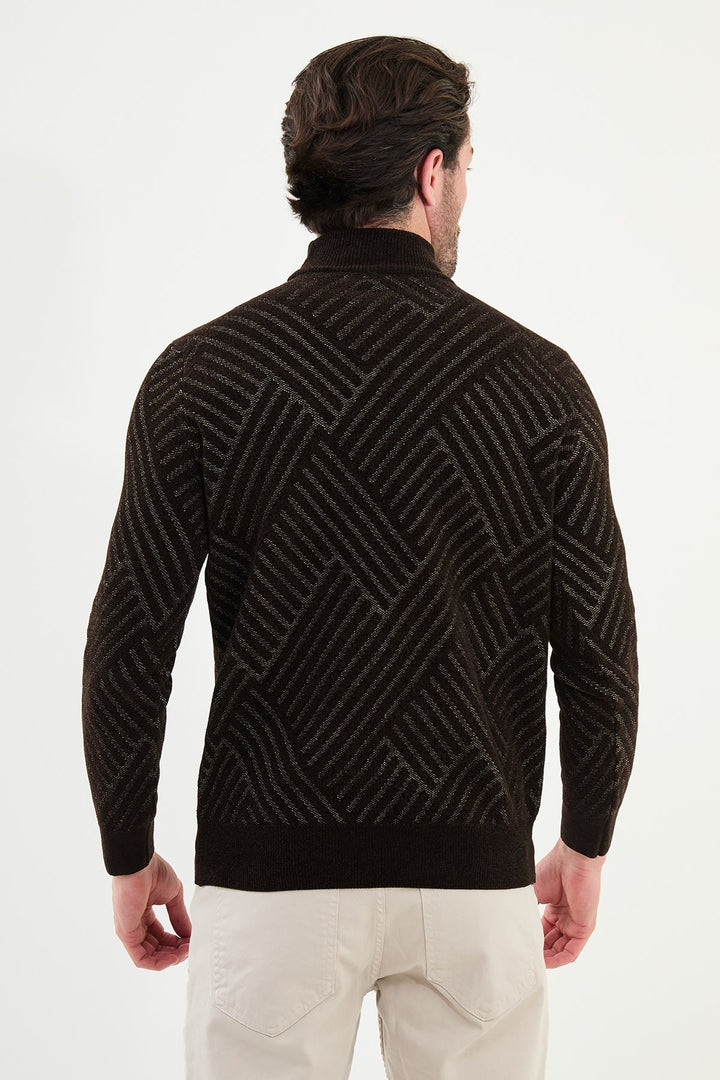 Chevron Knit Mock Neck Sweater - Brown