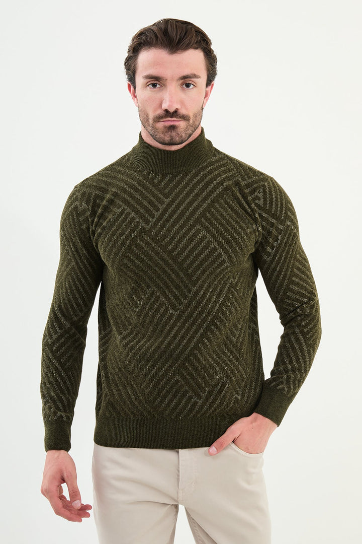 Chevron Knit Mock Neck Sweater - Khaki