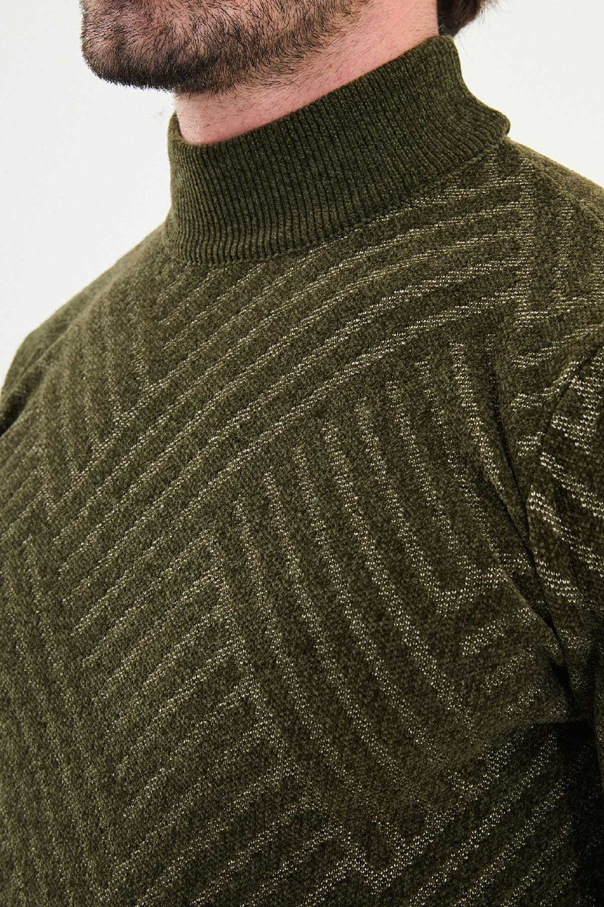 Chevron Knit Mock Neck Sweater - Khaki