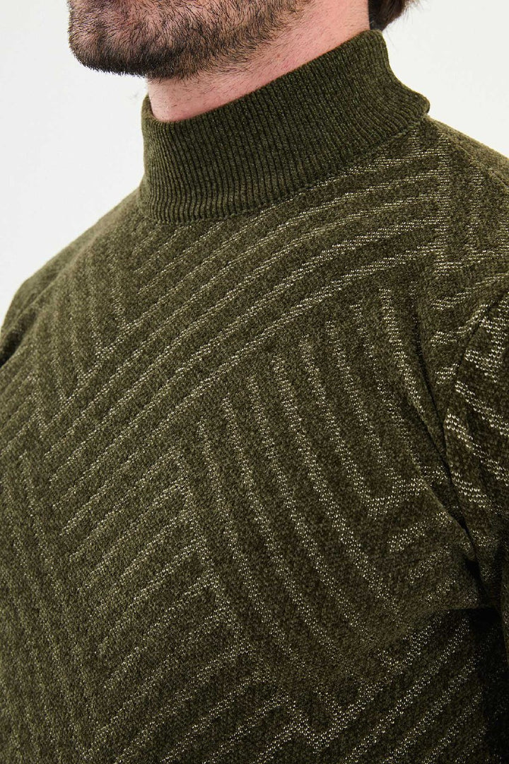 Chevron Knit Mock Neck Sweater - Khaki