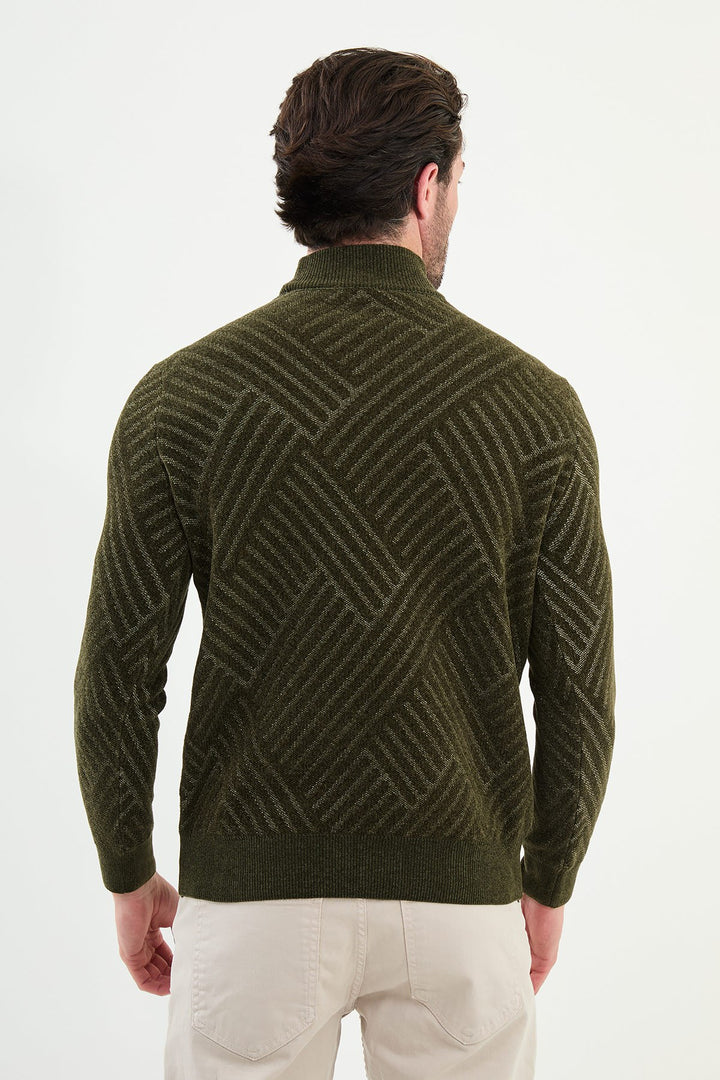 Chevron Knit Mock Neck Sweater - Khaki