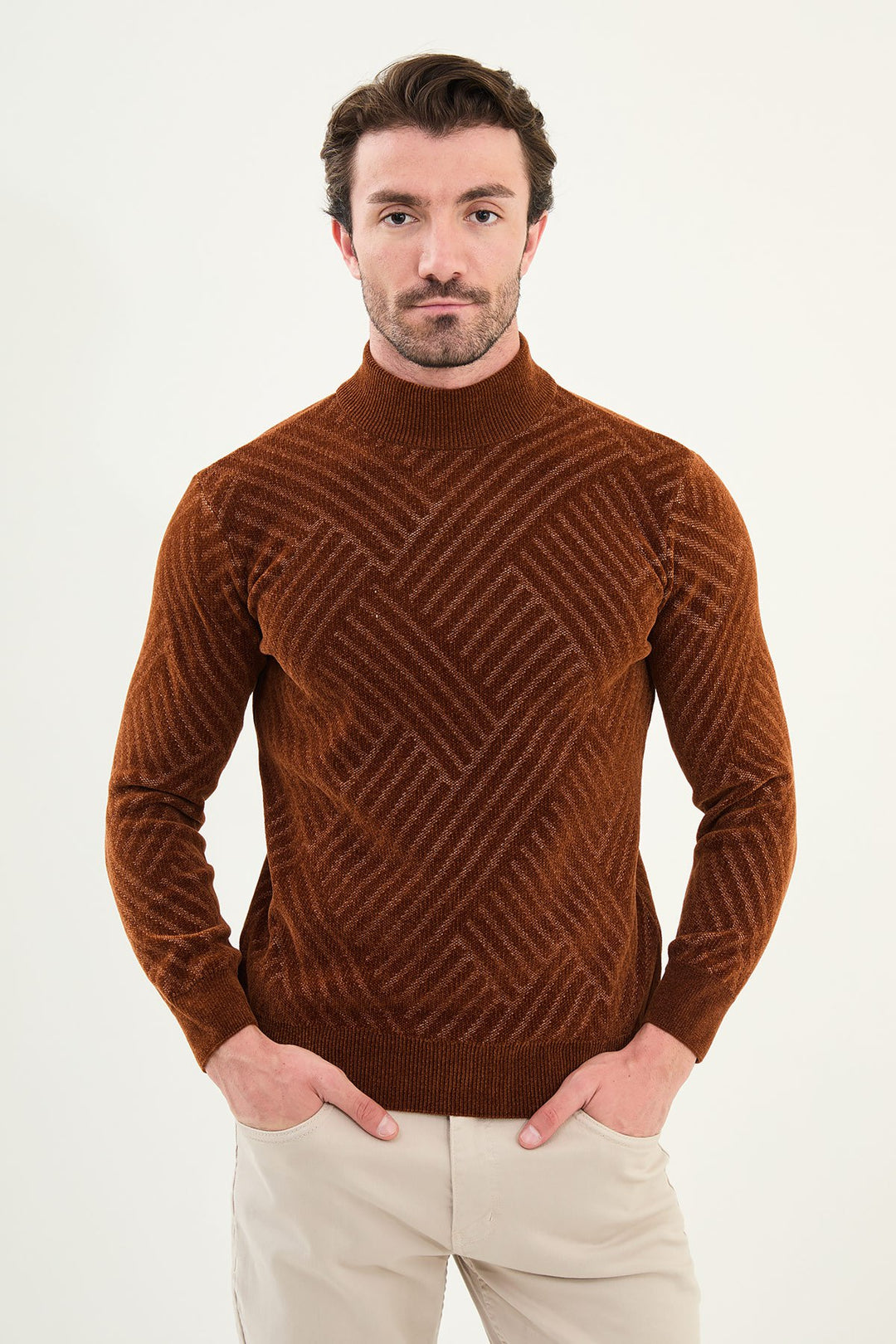 Chevron Knit Mock Neck Sweater - Tile