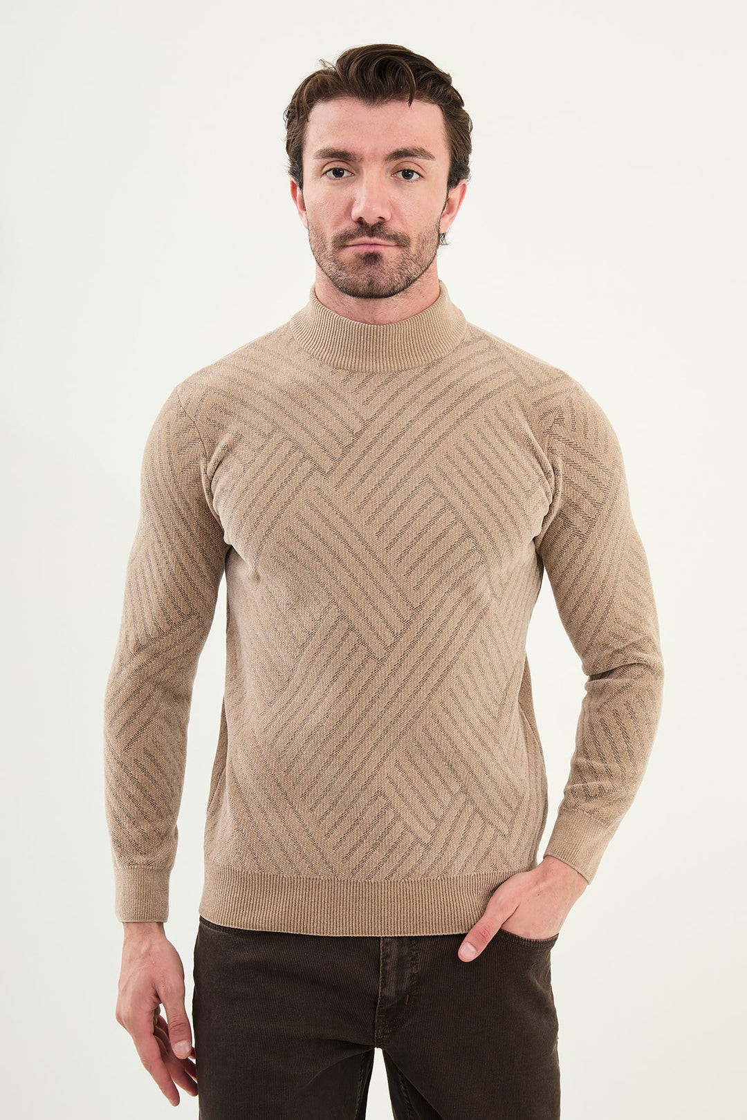 Chevron Knit Mock Neck Sweater - Beige