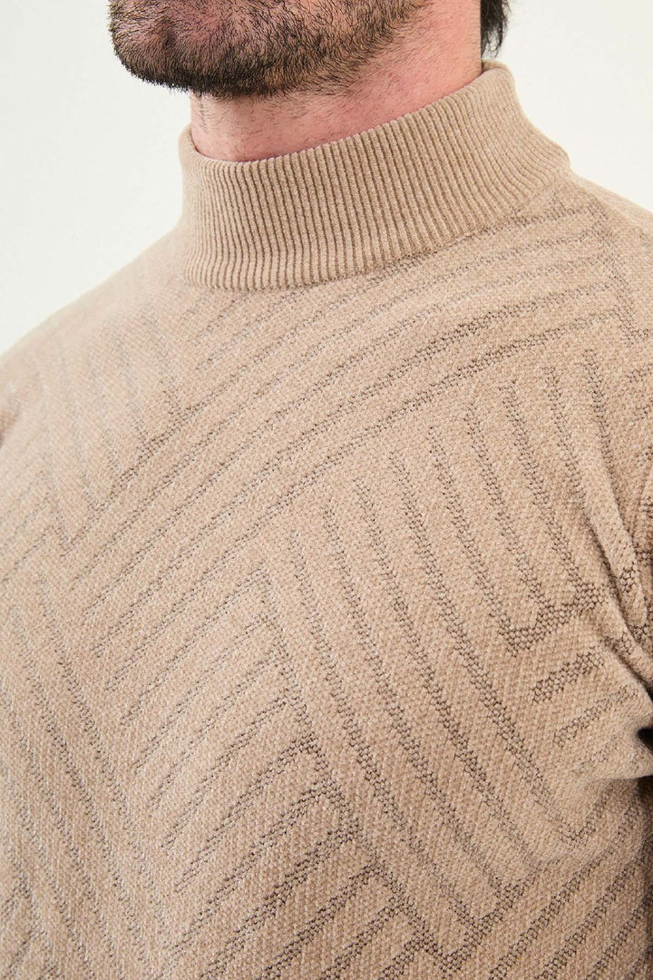 Chevron Knit Mock Neck Sweater - Beige