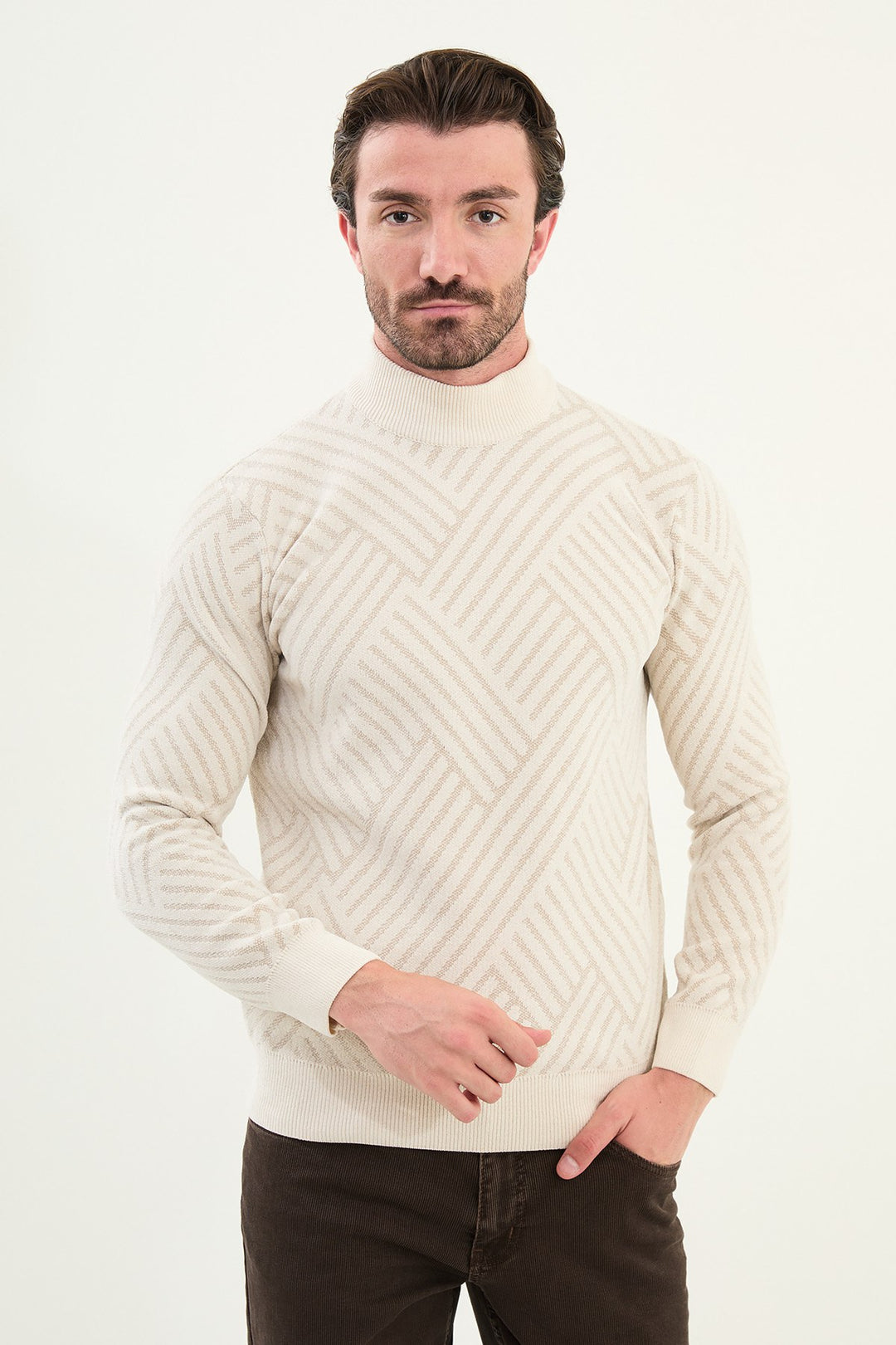 Chevron Knit Mock Neck Sweater - White