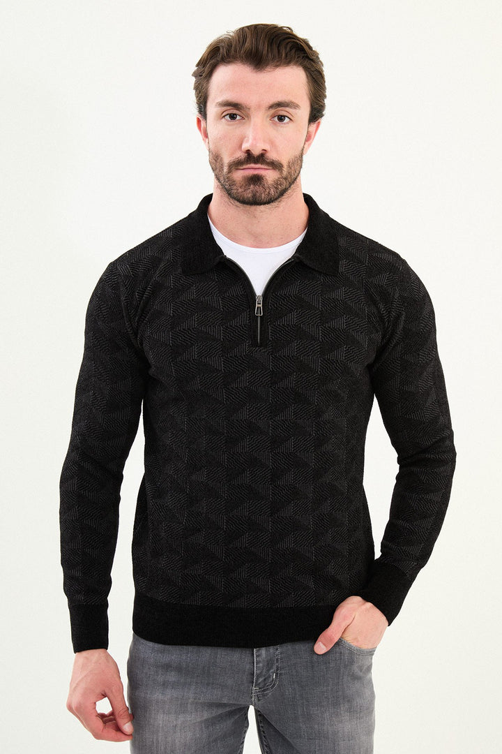 Geo Weave Zip Polo Sweater - Black