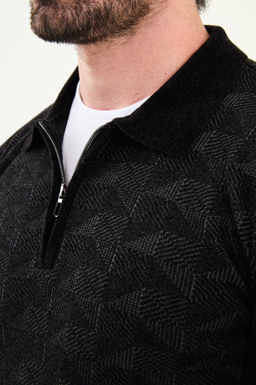 Geo Weave Zip Polo Sweater - Black