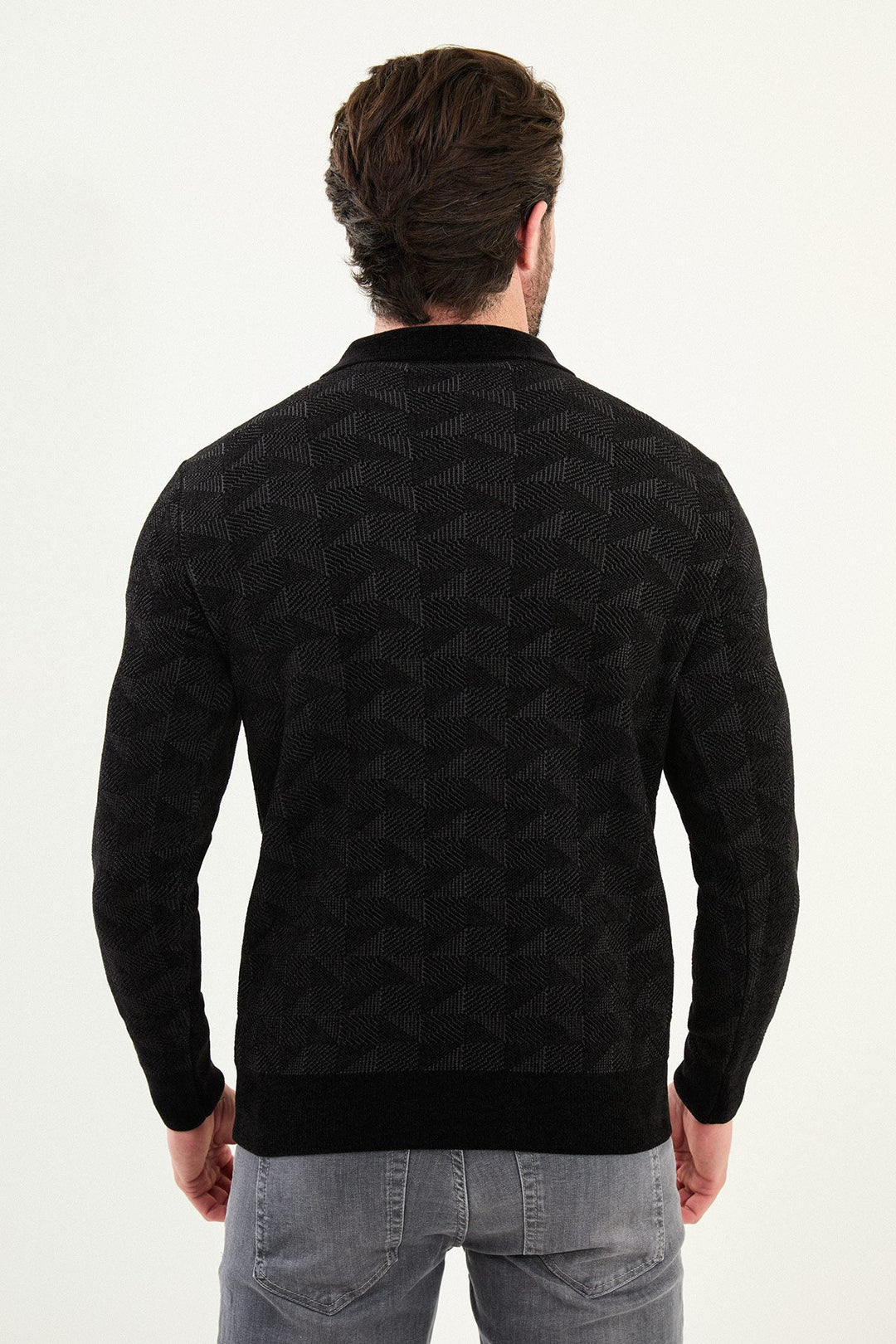 Geo Weave Zip Polo Sweater - Black