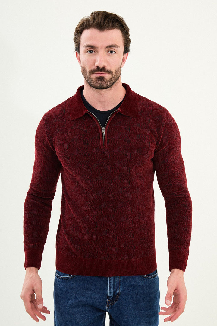 Geo Weave Zip Polo Sweater - Burgundy