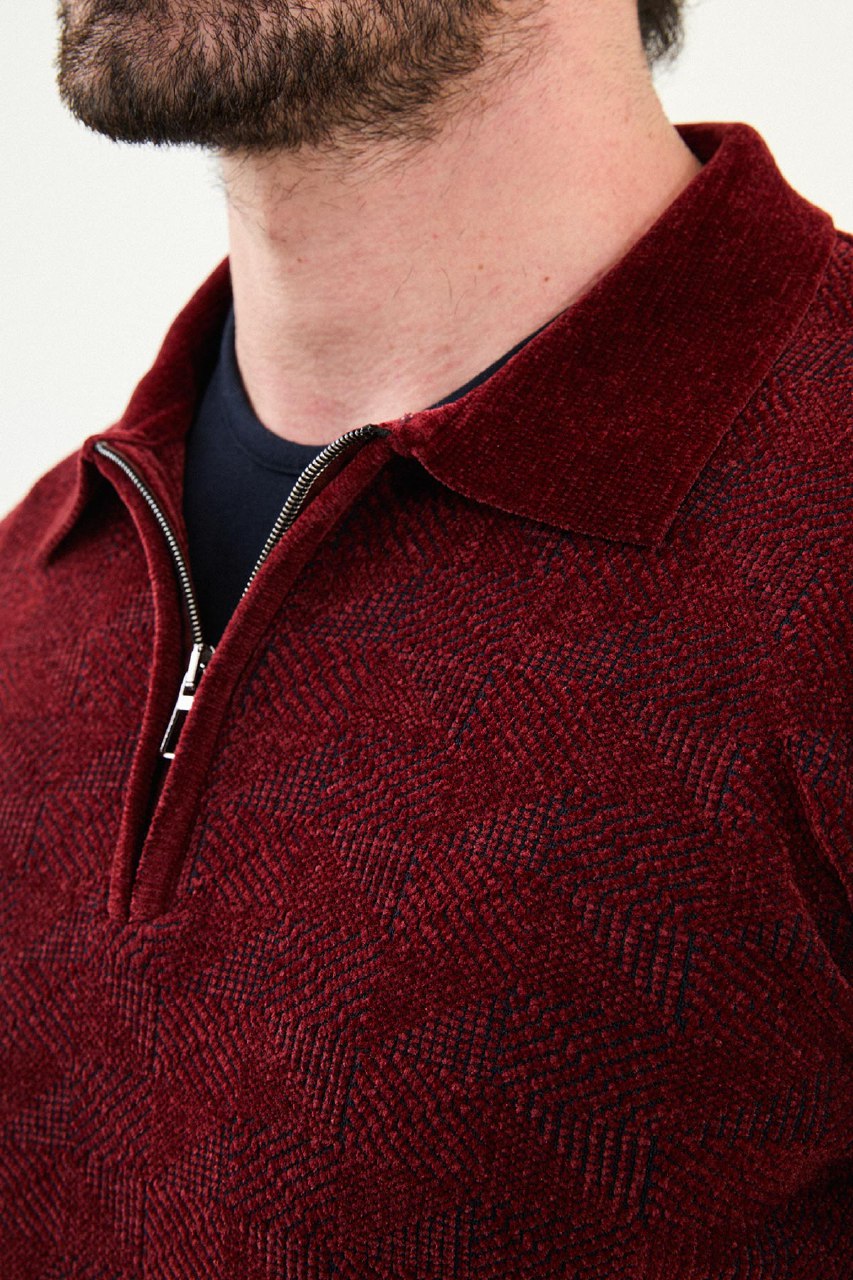 Geo Weave Zip Polo Sweater - Burgundy