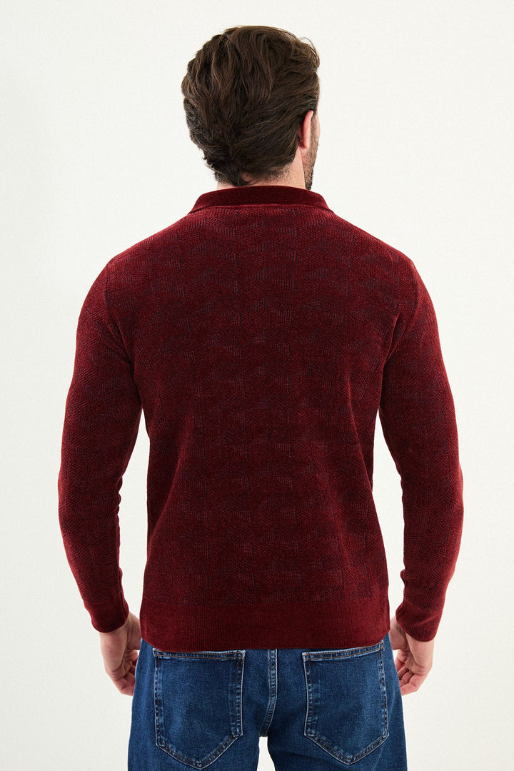 Geo Weave Zip Polo Sweater - Burgundy