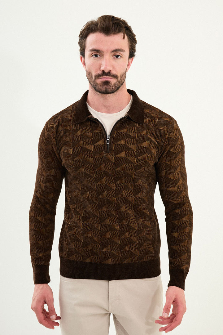 Geo Weave Zip Polo Sweater - Brown