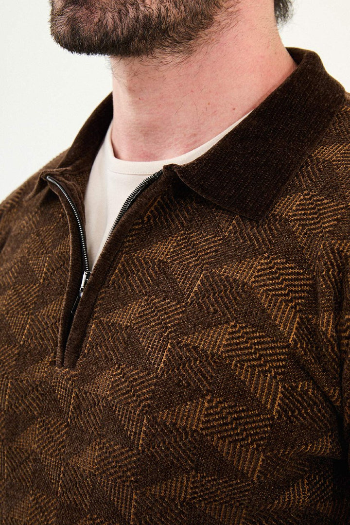Geo Weave Zip Polo Sweater - Brown