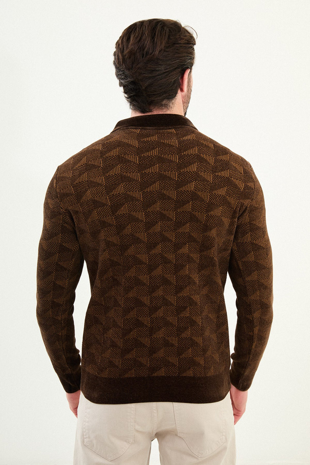 Geo Weave Zip Polo Sweater - Brown