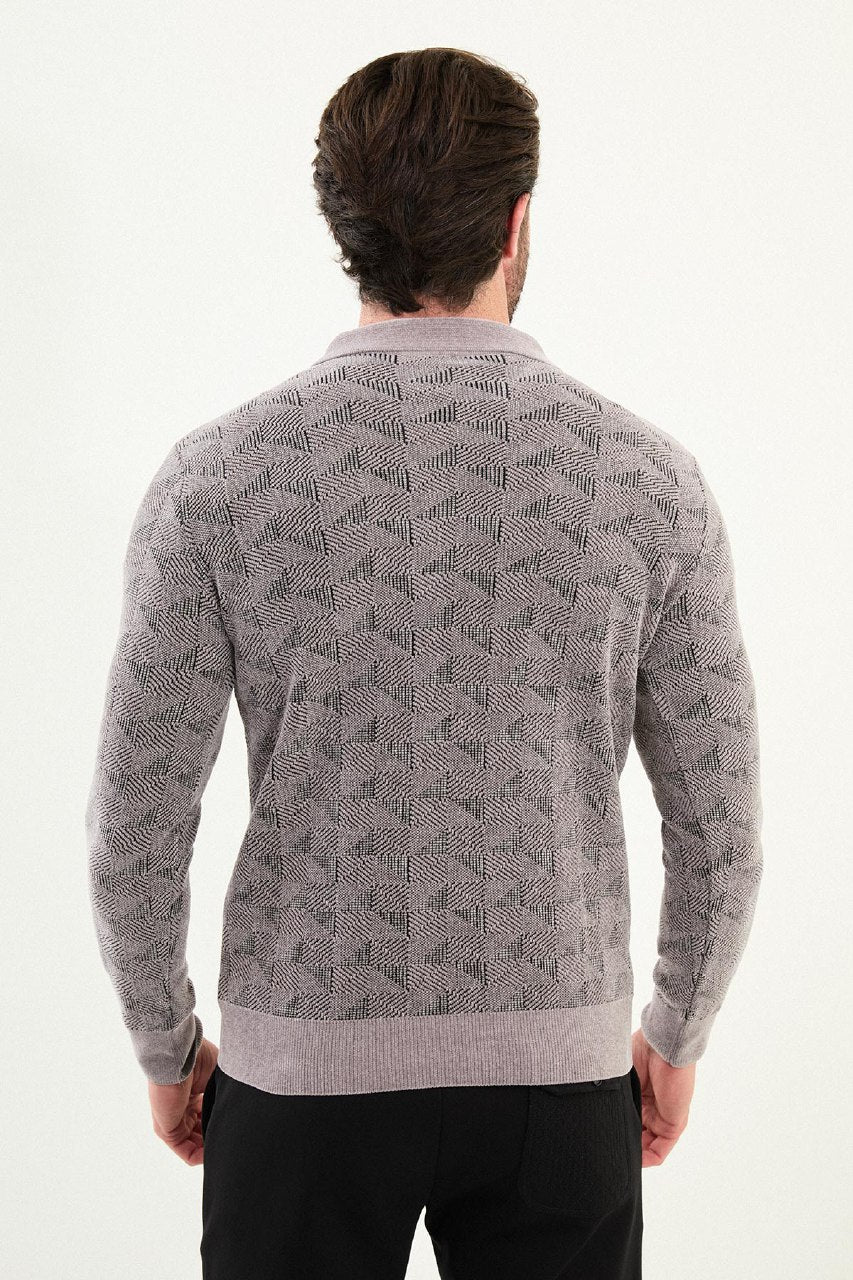 Geo Weave Zip Polo Sweater - Grey