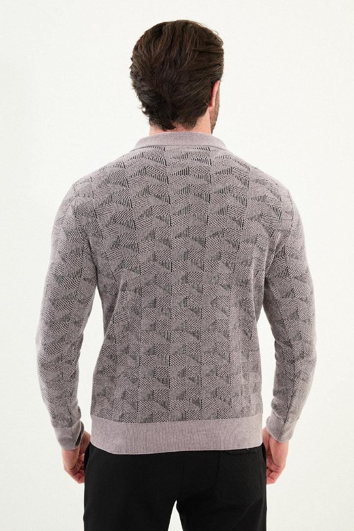 Geo Weave Zip Polo Sweater - Grey