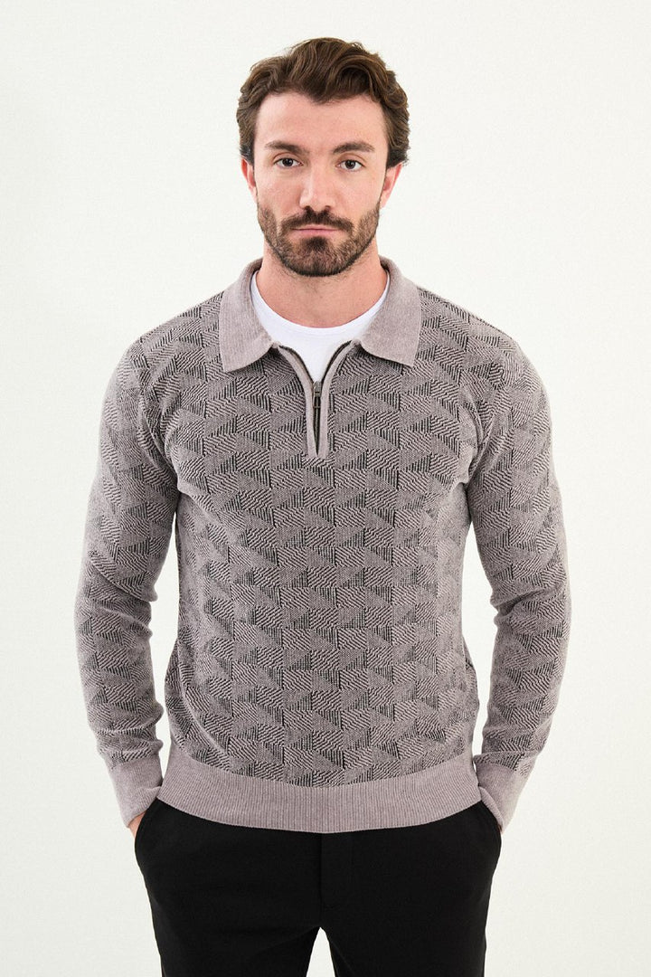 Geo Weave Zip Polo Sweater - Grey