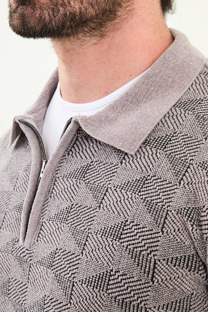 Geo Weave Zip Polo Sweater - Grey