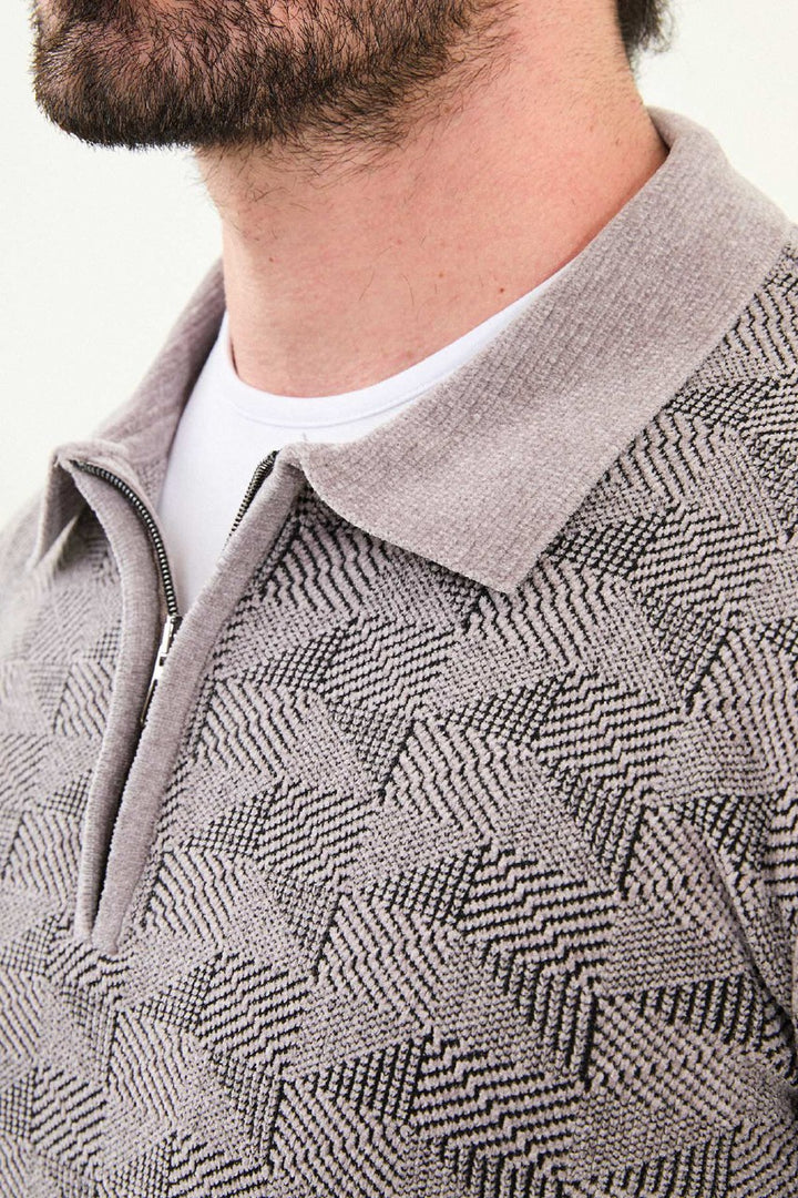 Geo Weave Zip Polo Sweater - Grey