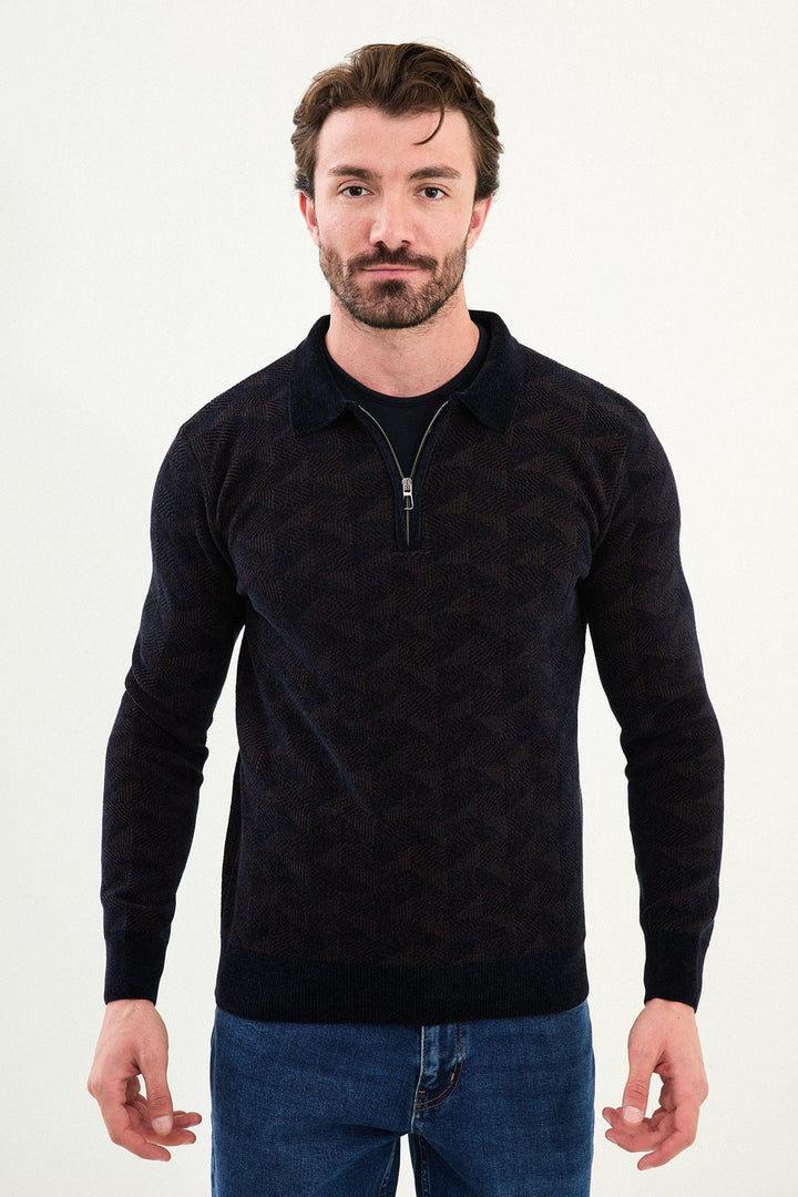 Geo Weave Zip Polo Sweater - Navy Blue