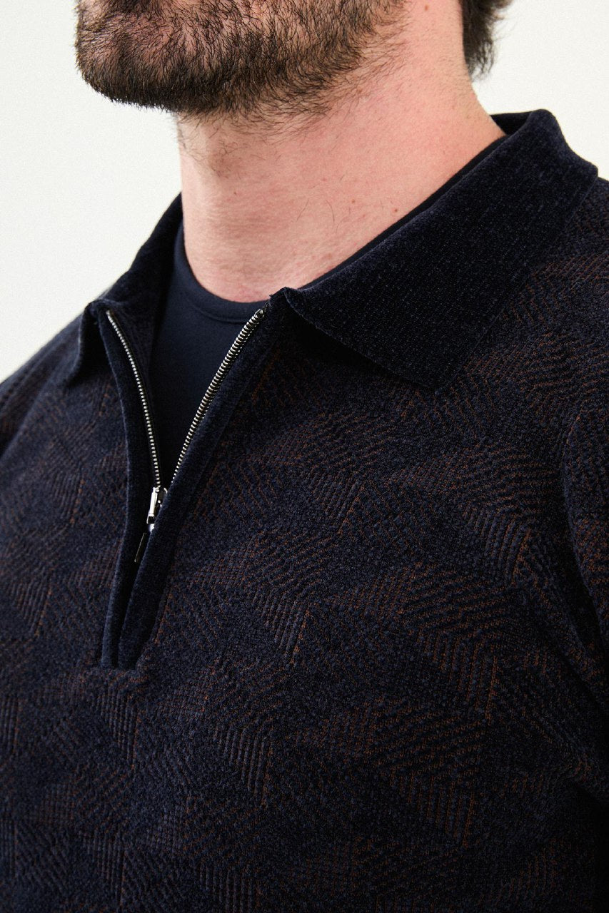 Geo Weave Zip Polo Sweater - Navy Blue