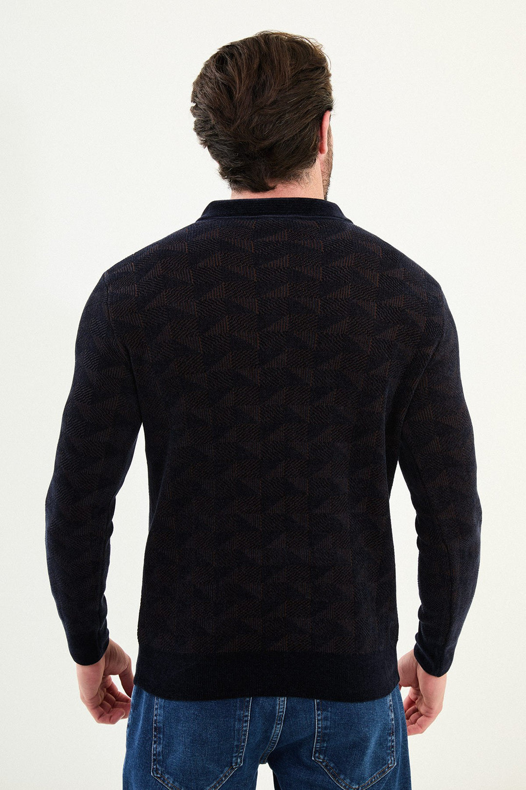 Geo Weave Zip Polo Sweater - Navy Blue